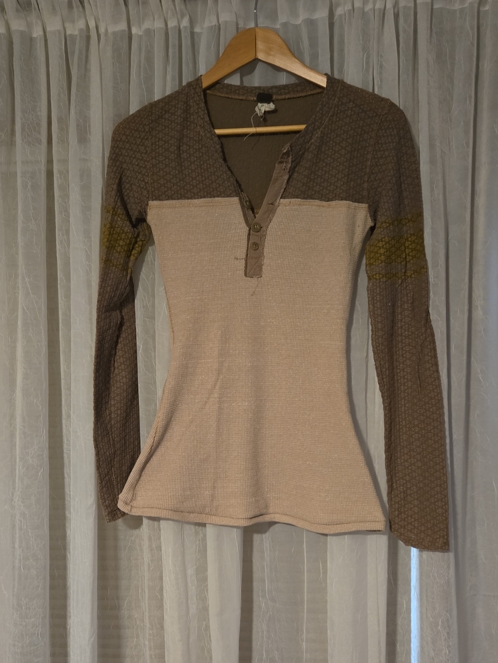 Free People Two-Tone Waffle Henley Top in Beige and Brown